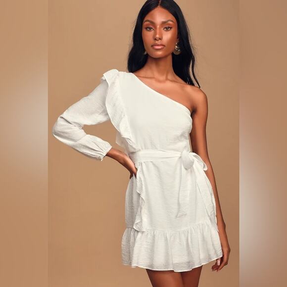 LULUS Weekend Wonder White One Shoulder Ruffle Mini Dress NWT Large - Picture 1 of 9